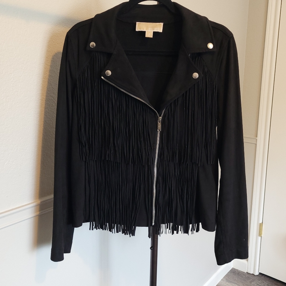 Michael Kors Black Faux Suede Fringe Moto Zip Jacket Women's Medium Size 8